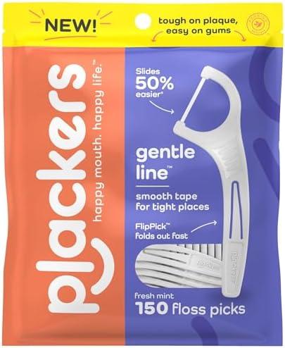 Plackers Gentle Line Floss Picks, Fresh Mint Flavor, Fold-Out FlipPick, QuickFix Grip, Easy Storage with Sure-Zip Seal, 150 Count