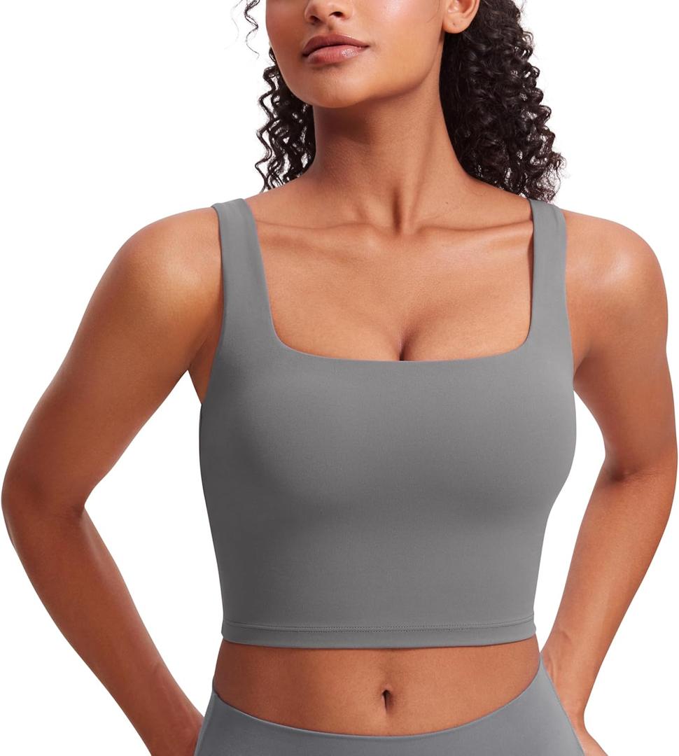 CRZ YOGA Butterluxe Square Neck Crop Tank Tops for Women - Workout Longline Sports Bras Padded Yoga Camisole (Medium, Ash Grey)