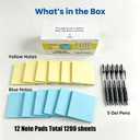 2 x Office Supplies Sticky Notes Set with Pens - 12 Pads 3x3 Inch Self-Stick Notes (6 Yellow & 6 Blue) and 5 Black Retractable Gel Pens 0.5mm Fine Point, Convenient Bundle for Office