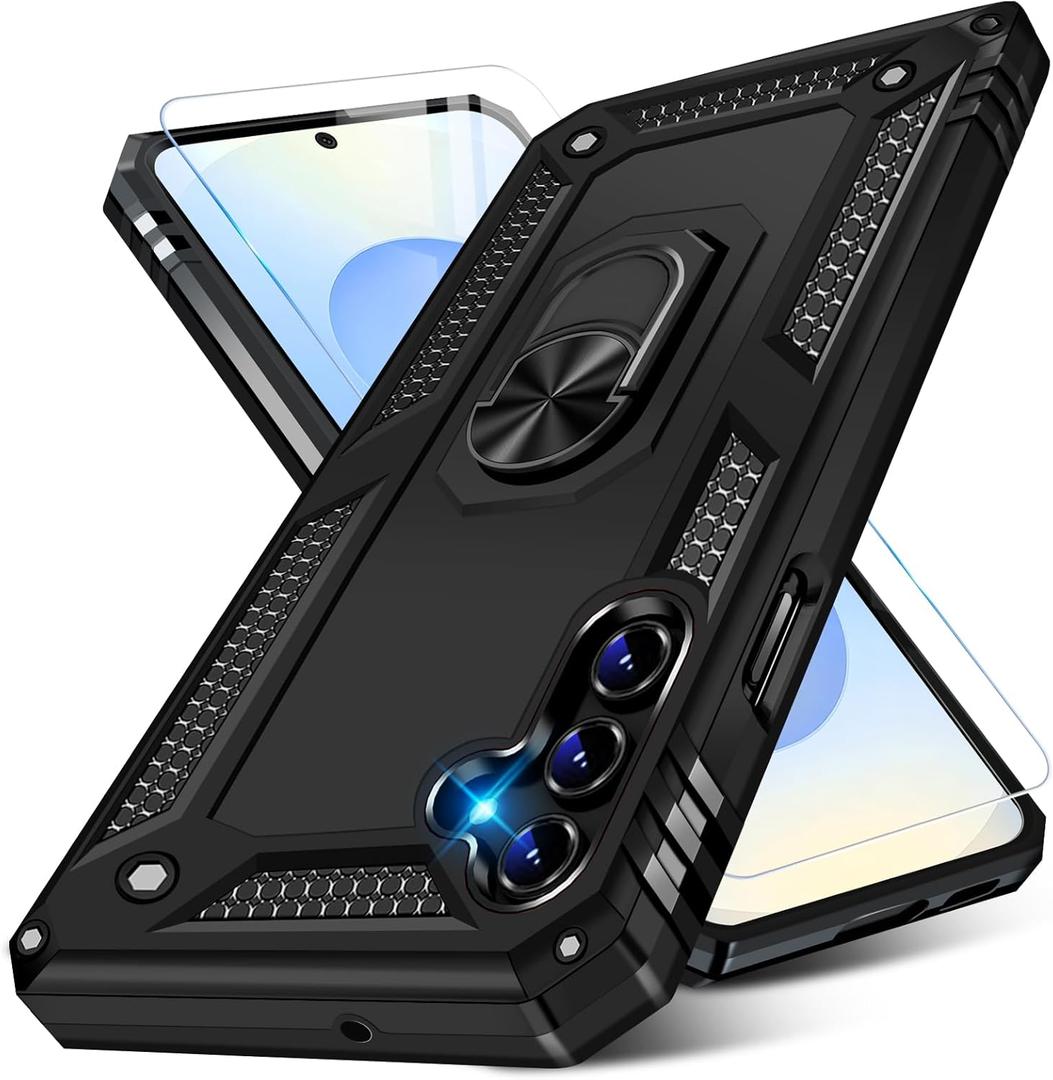 Heavy Duty Case for Samsung Galaxy S25 Phone Case with Screen Protector, Military Grade Shockproof Rugged Protective Cover for Samsung S25, with Metal Ring Magnetic Kickstand (Black)