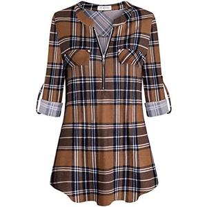 Bulotus Women's Zip Front V-Neck 3/4 Length Sleeve Womens Tops Business Casual Shirts 3XL