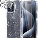 KSWOUS for iPhone 15 Pro Case Glitter with 2 Pack Screen Protector + 2 Pack Camera Lens Protector, Clear Glittering Cute Phone Case Shockproof Soft TPU Bumper Cover for Women Girls