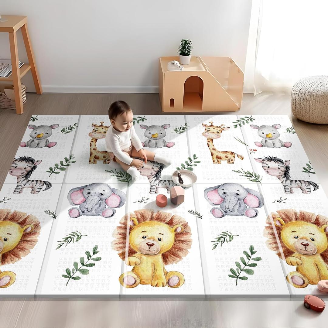 NOONKTY 79x71 Extra Large Baby Play Mat for Floor, Foldable Foam Playmat for Babies 0-12 Months & Kids, Non-Toxic Waterproof Baby Mat for Floor, Thick Playpen Mat for Tummy Time Crawling, Lion