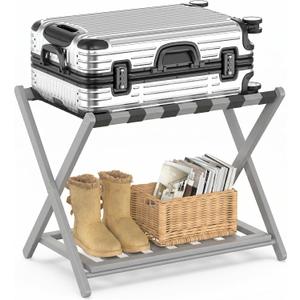 BAMBOOHOMIE Bamboo Luggage Rack for Guest Room, Wide Suitcase Stand with Storage Shelf, Folding Luggage Stand Holder for Bedroom Hotel, 26.77" Thickened Luggage Rack for Suitcases, Grey