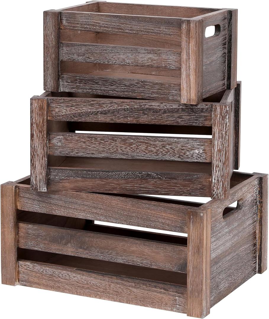 Large Vintage Brown Wooden Crates For Dispaly,Set Of 3 Wood Crates With Handles,Rustic Handmade Wood Boxes For Storage Or Display,Solid Wood Decorative Boxes (Rustic Brown)