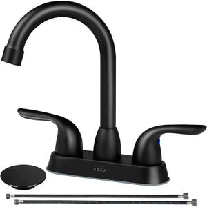 2 Handle Bathroom Faucet Black, 4 Inch Black Bathroom Sink Faucet Centerset with Lift Rod Drain Stopper and Supply Hoses, RV Bathroom Faucet 3 Holes, Matte Black Bathroom Faucet