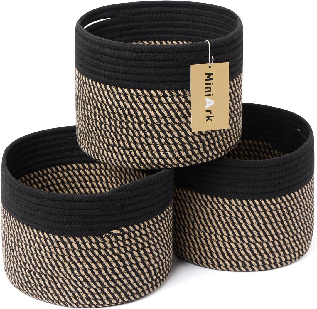 MiniArk Small Basket for Organizing | Cube Shelf Closet Storage Baskets | 9.79.77.1 | Woven Rope Gift Basket | Nursery | Round 3 Packs Black Brown