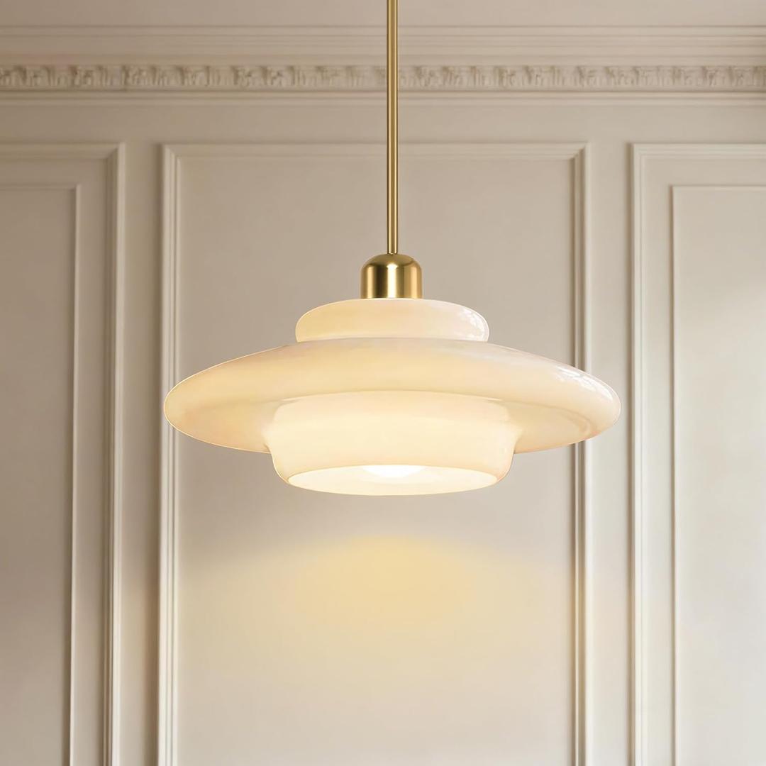 Milk Glass Pendant Light, Mid Century Modern Gold Rod Fixture, Color: 13'' UFO - Gold Rod, 13"L x 5.1"W x 43"H