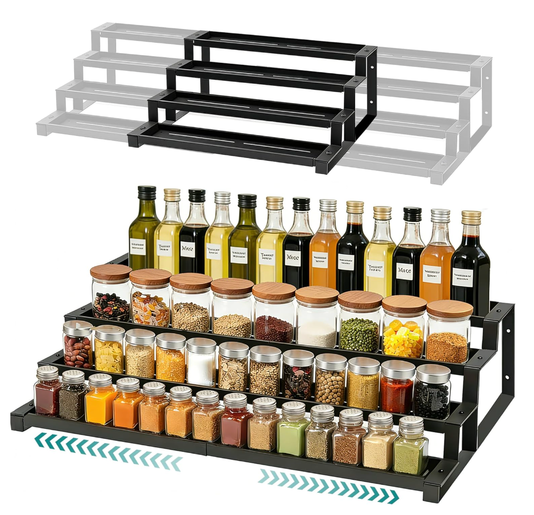 bealy 4-Tier Spice Rack Countertop Spice Rack Organizer for Cabinet, Expandable 16“-29” Spice Shelf Seasoning Organizer, Spice Organizer for Pantry, Slip-Resistant Design for Jars and Bottles