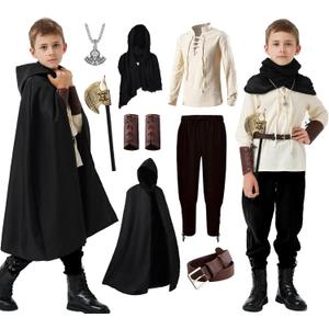 8 Pcs Medieval Costume for Boys Renaissance Viking Pirate Tunic Outfit for Kids (11-12 Years, Black)
