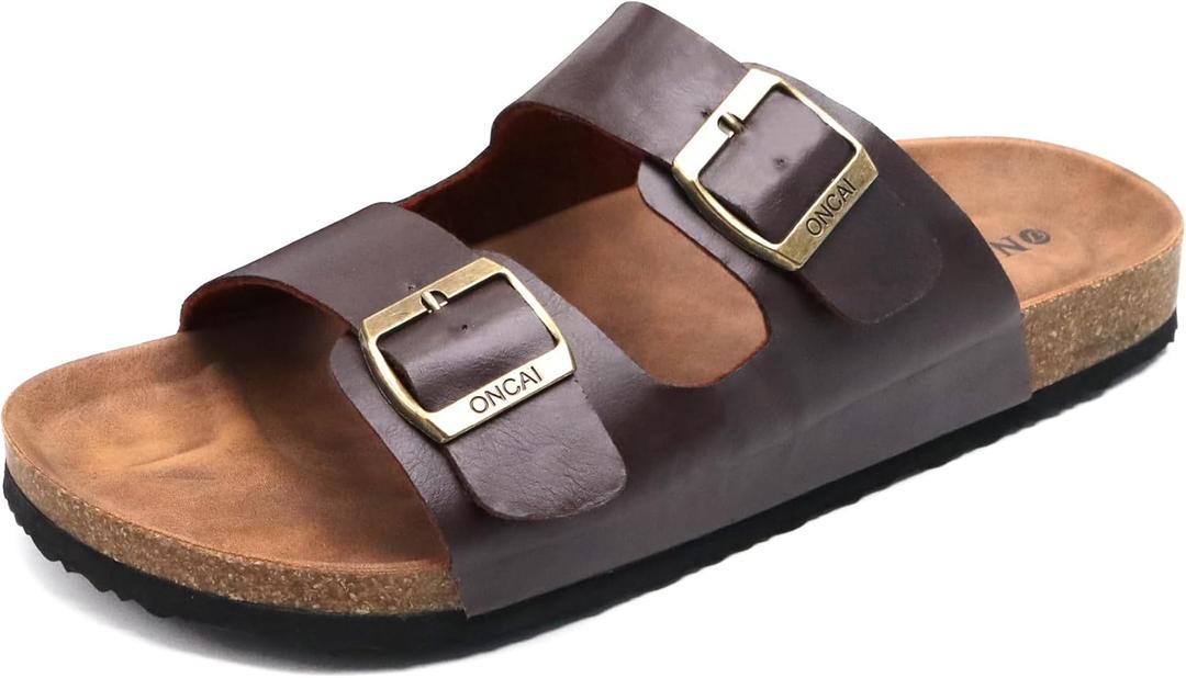 ONCAI Mens Sandals,Beach Slides Cork Footbed Slippers with Adjustable Buckle Straps (15, Dark Brown)