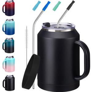 Insulated Coffee Mug 50 oz Tumbler with Handle - Metal Straws, Wide Mouth Leak-proof BPA-Free Stainless Steel Coffee Cup, Insulated Tumbler Big Travel Thermal Flask Water Bottles Keep Cold 36 Hrs (Black)