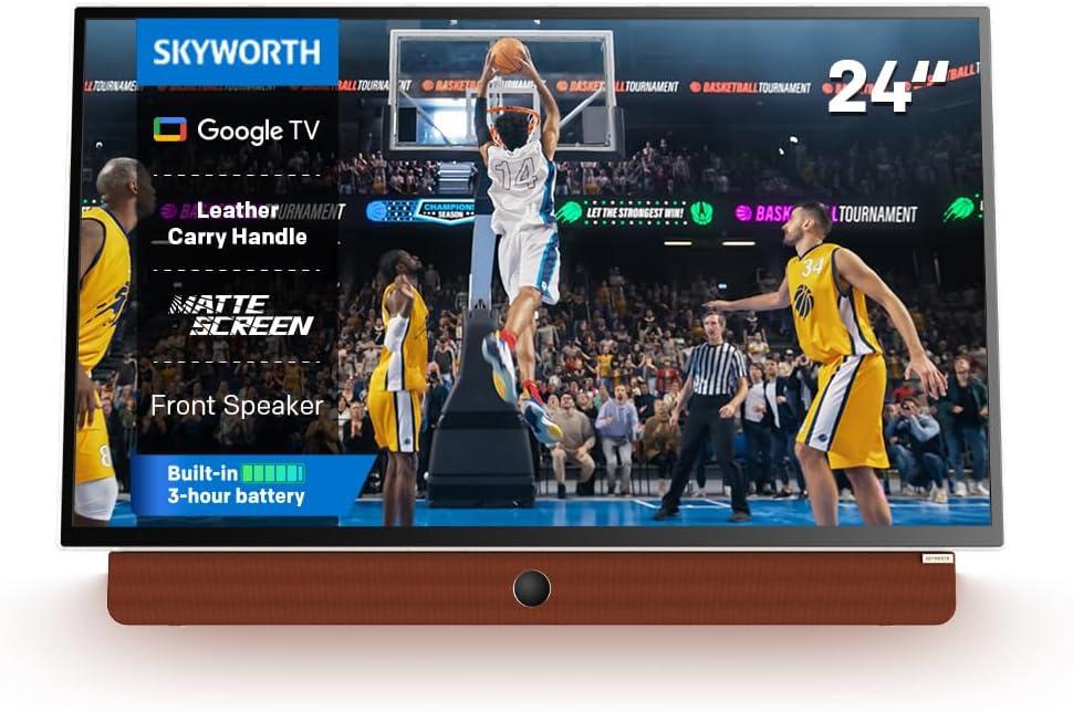 Skyworth 24-Inch Portable Smart Display with Battery Operated, 1080P FHD, HDR10, Dolby Audio, Chromecast, Bluetooth, Google TV Great, Game Day Parties, RV Travel, and Soccer Nights