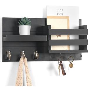 Mail Organizer for Wall Mount  Key Holder with Shelf Includes Letter Holder and Hooks for Coats, Dog Leashes  Rustic Wood with Flush Mounting Hardware (16.5 x 8.7 x 3.5) (Black)