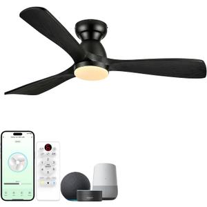 60in Smart Flush Mount Ceiling Fans with Lights,Outdoor Low Profile Ceiling Fan Quiet DC Motor,Work with Alexa/Gg Voice Control/App/Remote,Dimmable,6-speed,3 Wood blades Fan for Patio,Black