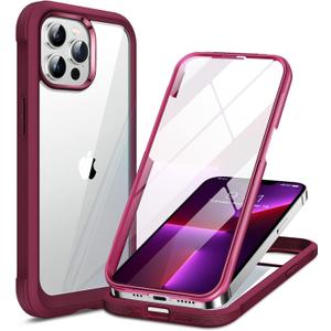 Miracase Glass Case for iPhone 13 Pro Max 6.7 inch, Upgrade Full-Body Clear Bumper Case with Built-in 9H Tempered Glass Screen Protector for iPhone 13 Pro Max, Claret Red