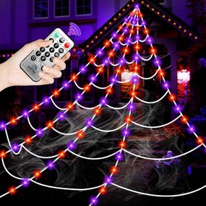 Halloween Decorations Outdoor Spider Web Lights, 16.4Ft 220 LED Lighted Spider Web Light up with 8 Modes Waterproof Timer for Yard House Halloween Outdoor Decor Purple Orange Spiderweb