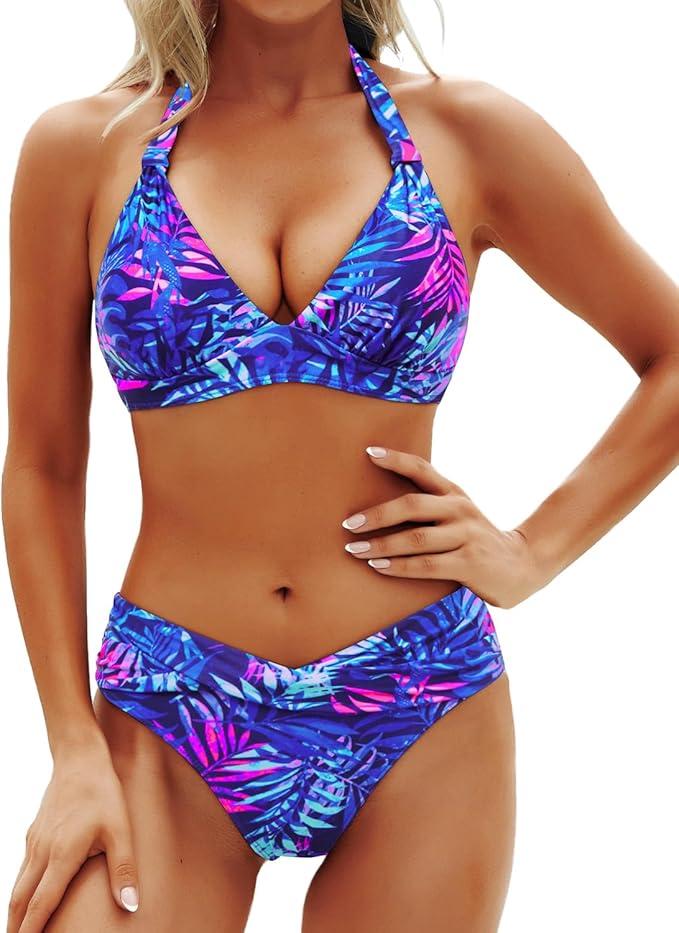 Yonique Women Two Piece Bathing Suits Push Up Bikini Set Halter Swimsuit Vintage Swimwear, M