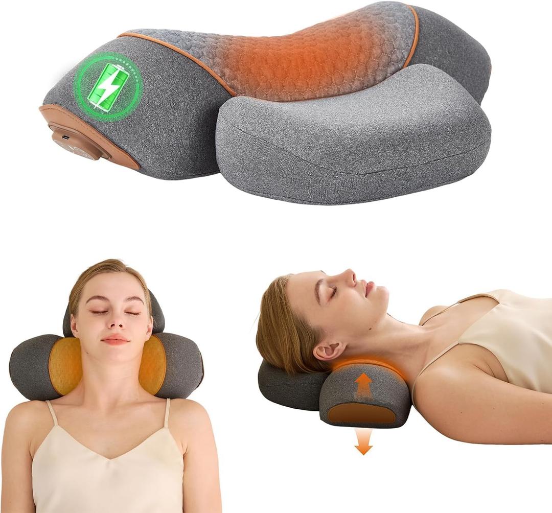 3-in-1 Rechargeable Neck Massager Pillow with Heat Vibration & Traction Massager for Neck Pain and Hump Relief, Gifts for Men Women Home Office Travel