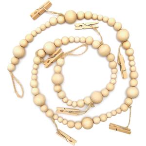 UOIENRT Wooden Beaded Garland with Clothespins, Farmhouse Hanging Garland Boho Style Photo Display for Classroom, Dormitory Decoration, Hanging Cards (4Ft)