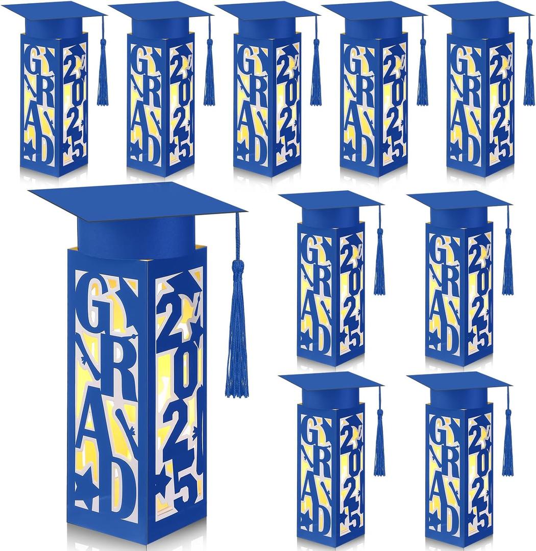 Tellingyou 9 Pcs Graduation Table Centerpieces Boxes 2025 Graduation Lantern Boxes with LED Light Small Cap Table Decorations Congrats School College Photo Props(Grad,Blue)