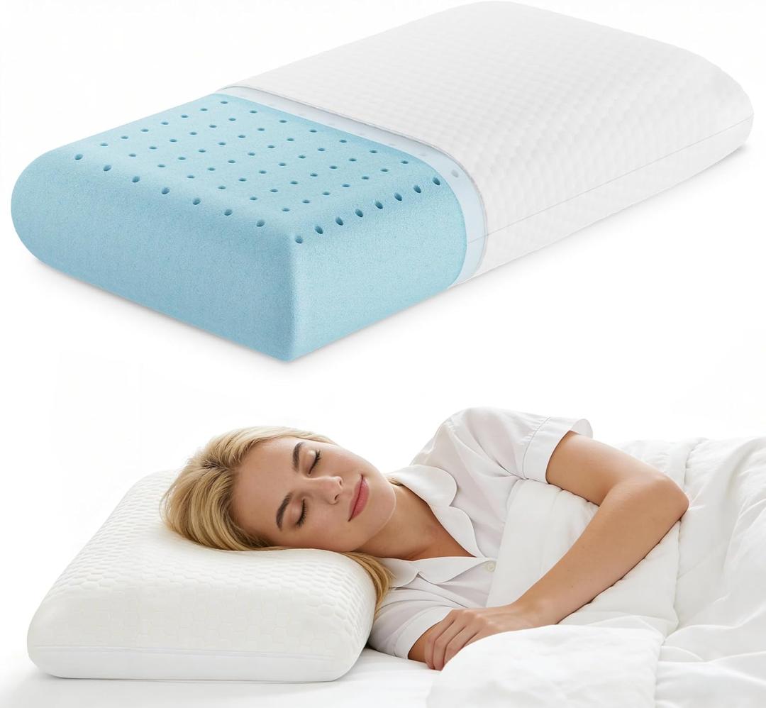 NEWBULIG Cooling Gel Memory Foam Pillow for Neck Pain Relief - Queen Size Bed Pillows for Side & Back Sleepers, Breathable Mesh with Washable Cover, CertiPUR-US & Oeko-TEX Certified, 1 PCS Cream