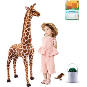 BRINJOY Giant Stuffed Giraffe Animal Set, 47 Inch Large Giraffe Plush Toy for Kids with Bird & Basket & Leaves & Card, Toddler Lifelike Standing Toys Stuffed Animal for Girls Boys