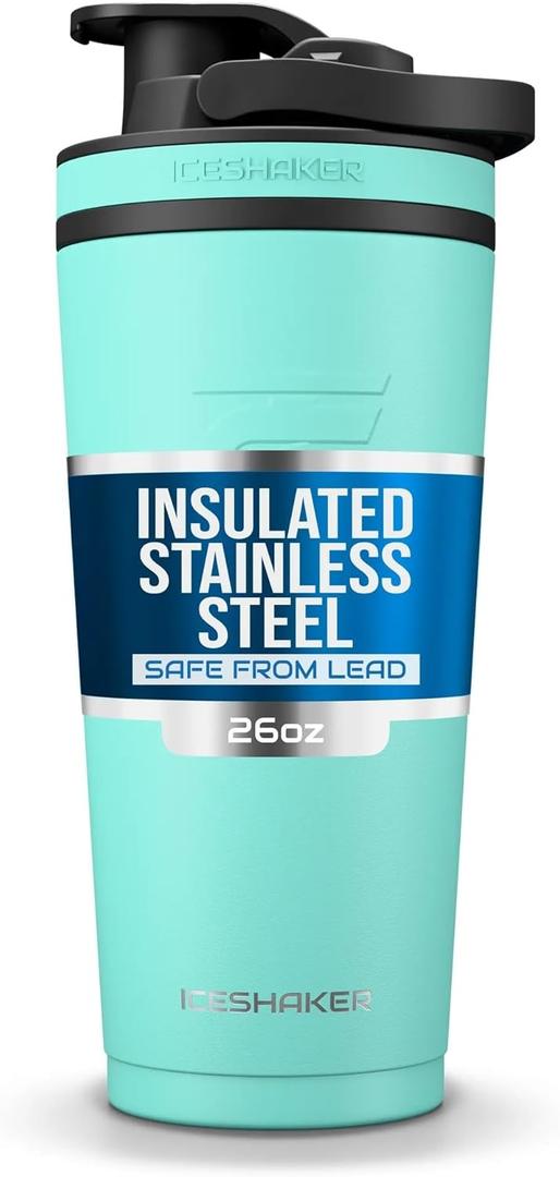 Ice Shaker Insulated Stainless Steel Shaker Bottle | 26oz, Mint | Cold for 30+ Hours | Insulated Cup with Twist-on Agitator | Odor-Free Bottle for Protein Shakes, Water, Smoothies, Cocktails
