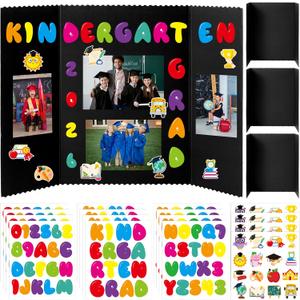 ANGOLIO Kindergarten Graduation Photo Display Board - 4 Sets Graduation Photo Trifold Poster Board with 16 Grad Themed Sticker for 2026 Grad Party Decoration Picture Collage Frame Supplies (24” x 16”)