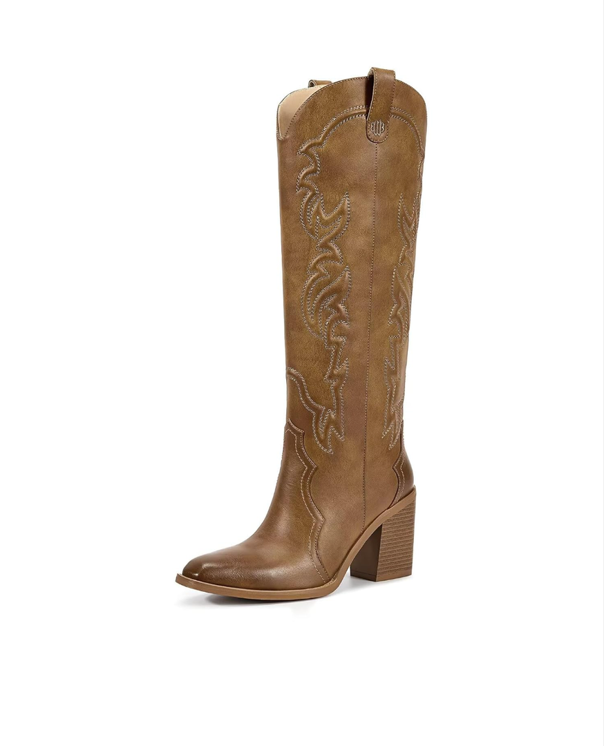 wetkiss Cowgirl Boots Women Knee High Boots, Embroidered Cowboy Boots with Chunky Heel Comfort Tall Western Boots for Women 8.5