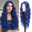 Dark Blue Wig 26 Inch Long Wavy Wig for Women - Heat Resistant Synthetic Hair Middle Part Curly Wig Natural Look for Daily Party Cosplay Costume Use