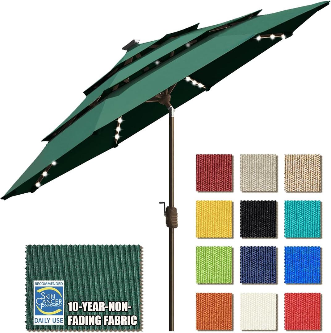 EliteShade USA 10-Year-Non-Fading 9ft 3-Tier Market Patio Umbrella, Commercial Table Umbrella with 80 Solar LED Lights, Crank Open, Windproof & UPF 50+ UV Protection for Garden, Deck, Pool, Backyard, Forest Green