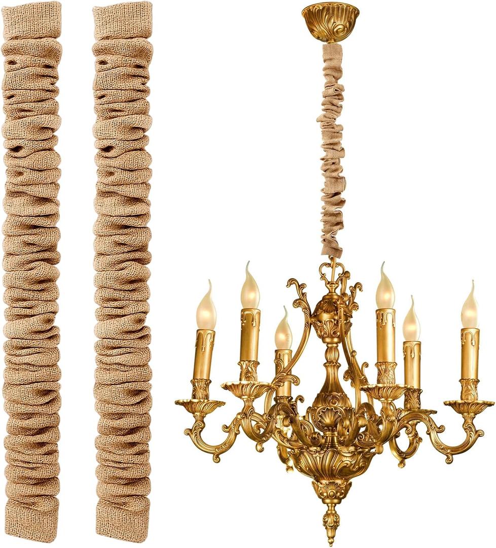 2 Pack 6 Ft Fabric Cord Cover Chandelier Chain Sleeve Natural Jute With Hook And Loop Closure For Ceiling Lighting, Electrical Wires On Floor, Lamps Cable Management, Swings Chain Cover Decorative