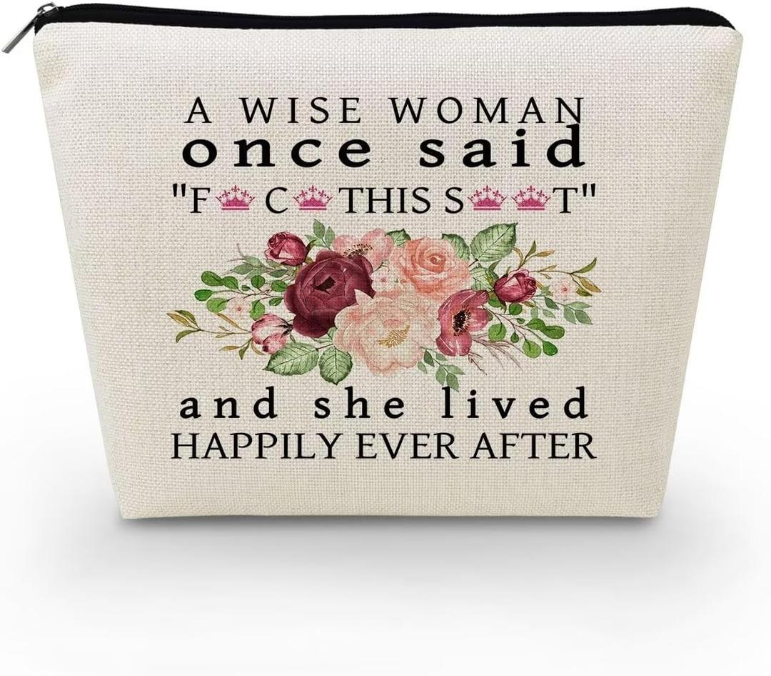 Wise Woman Makeup Bag Canvas Organizer Bag Toiletry Zipper Pouch Funny Slogan Lived Happily Ever After Chic Birthday Retirement Present for Women Friends