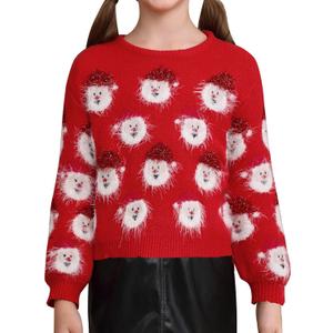 Christmas Little Girls Pattern Knitted Ugly Santa Claus Sweater Funny Party Outfit Red, 10 Years