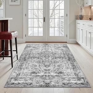 BAHIWOM 3x5 Washable Non-Slip Area Rug - Boho Vintage Carpet Low Pile Faux Wool, Thin Indoor Floor Mat for Hallway Laundry Room Home Office, Gray Green