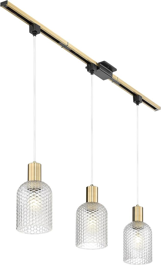 3-Pack H-Type Track Hanging Light, Modern Kitchen Track Ceiling Light Fixture with Hammered Glass Shade and Aluminum Alloy Rail Bar for Dining Room, Brushed Gold Tracking Lighting Pendant