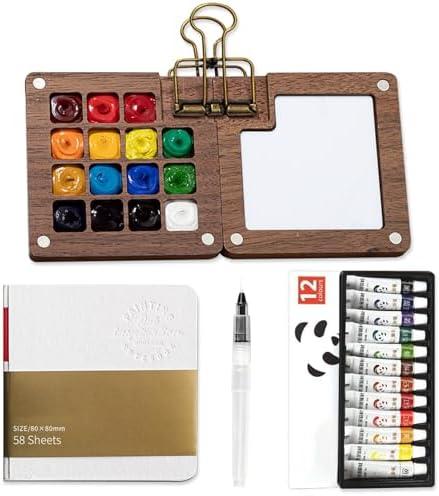 Mini Watercolor Paint Set Pocket Artist Watercolor Travel Set with Mini Paint Palette,Brushes, 12 Colors, Watercolor Sketchbook for Artists Painters Students(Wood)