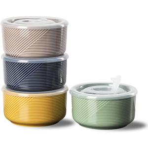 Ceramic Bowls with Lids: 20 oz Microwave Safe Food Storage Containers for Soup, Salad, Cereal, Leftovers, Meal Prep, Lunch, Picnic, Camping, Serving - Airtight, Multicolor, Set of 4