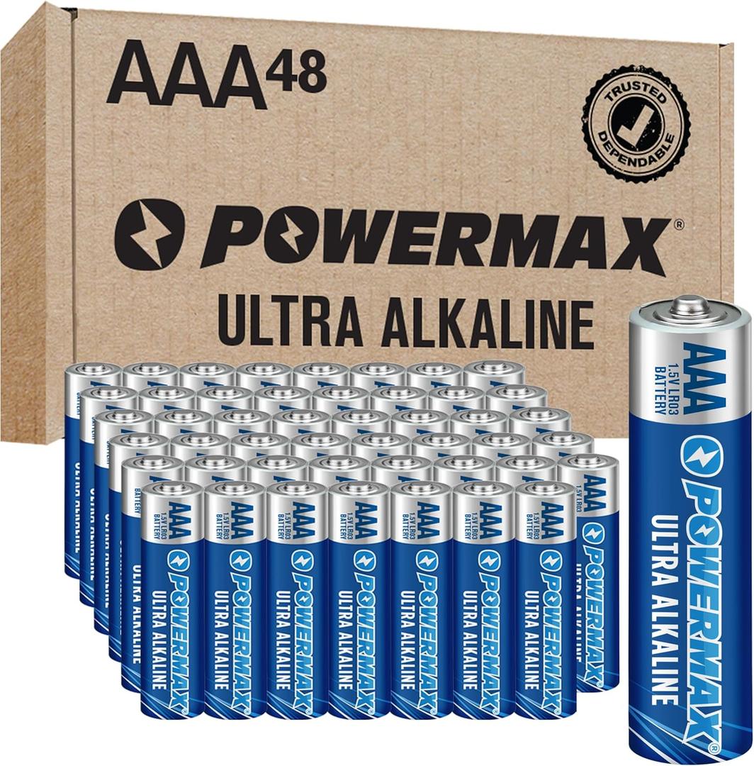 Powermax 48-Count Triple AAA Batteries, Ultra Long Lasting Alkaline Battery for Home and Office, 10-Year Shelf Life, Reclosable Packaging