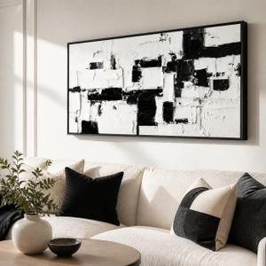 YQI FenDou Black and White Abstract Canvas Wall Art 40X20in Modern Minimalist Textured Painting Print with Black Frame, Large Contemporary Neutral Wall Decor for Living Room Bedroom Office