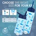 14 OZ Kids Water Bottle with Straw & 2 Lids (Flip & Spout) Leak Proof Metal Insulated Stainless Steel Reusable Tumbler for School & Sports Water Bottle - Blue (Shark)