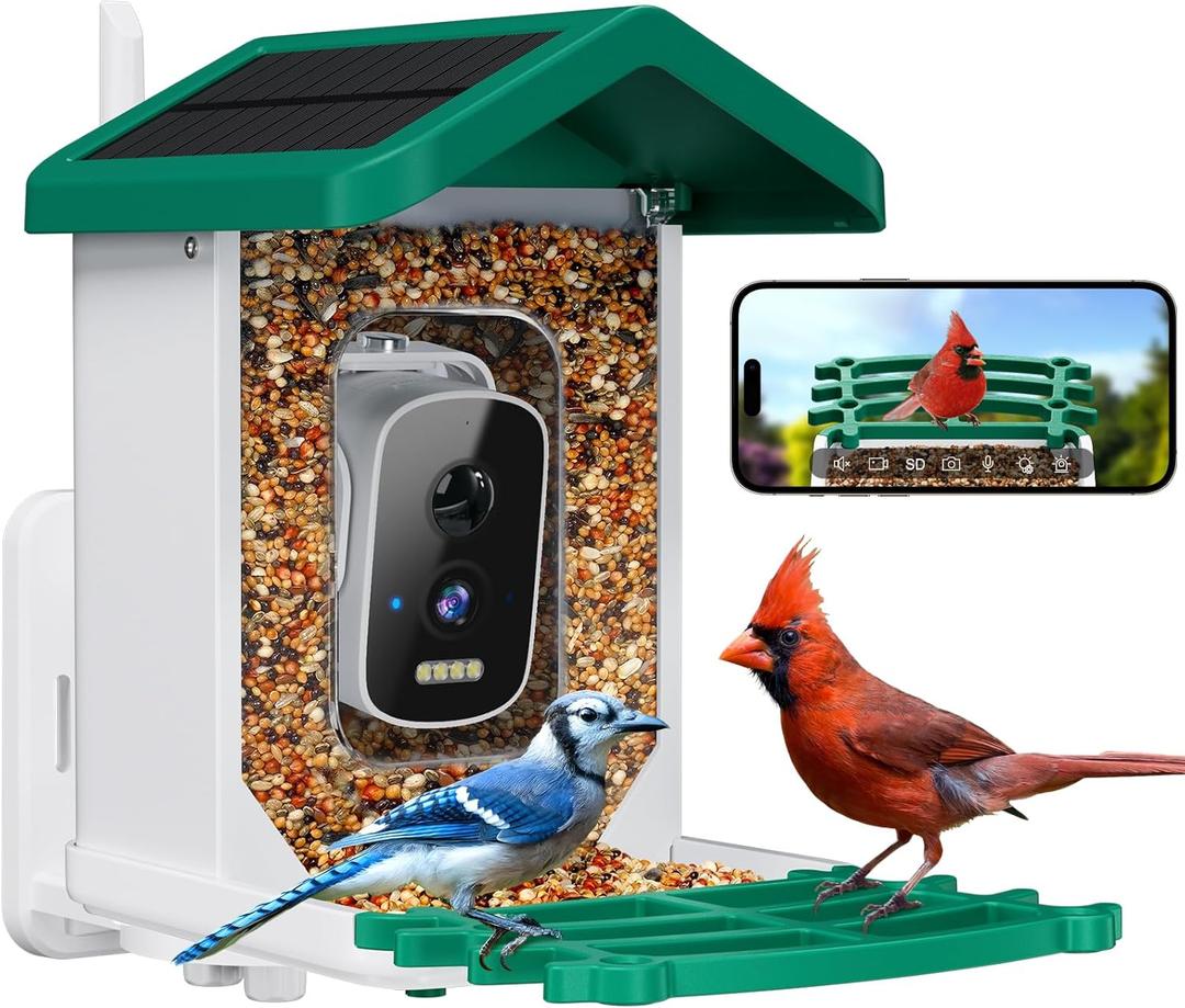 Smart Bird Feeder with Camera, AI Bird Species Identification Solar Powered Panel, 2.5k HD Video Bird House with Camera for Outside Garden, Ideal Gifts for Lover,Green