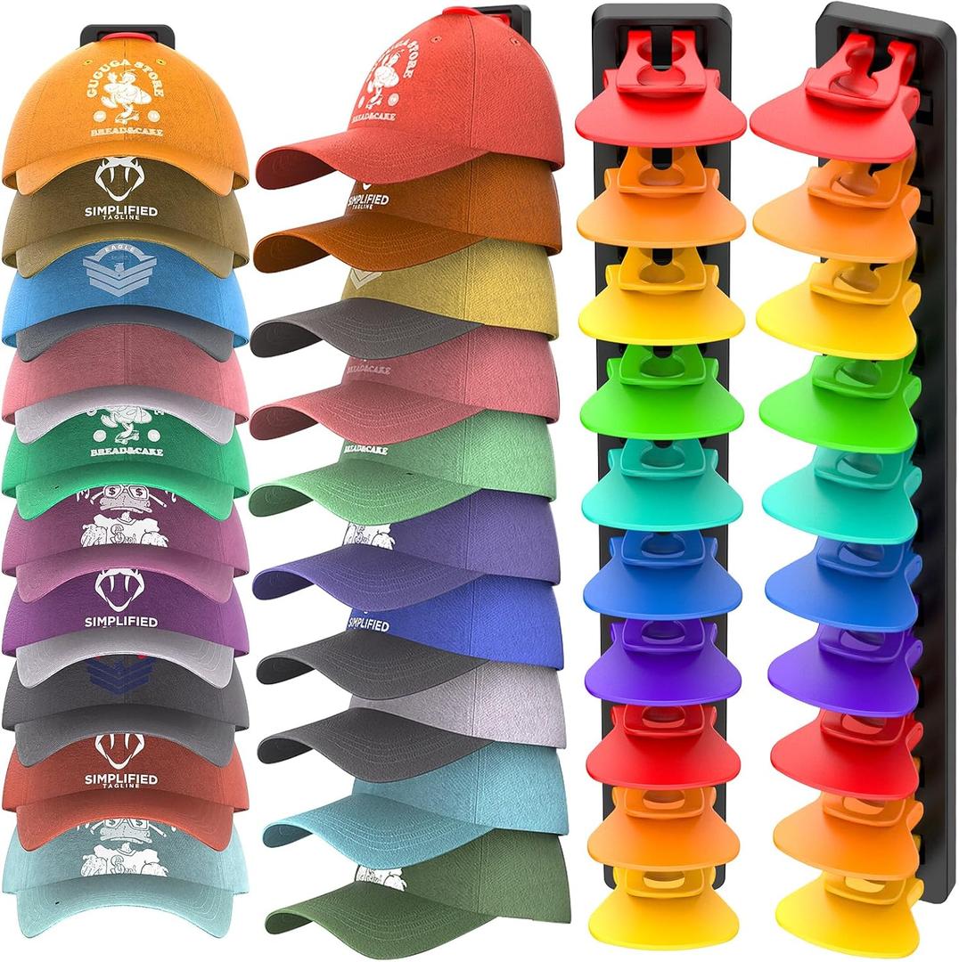 Hat Organizer for Baseball Caps, 2 Pack Hat Rack for Wall, Strong Adhesive Hat Storage Display Holder(Rainbow) (Multicolored)