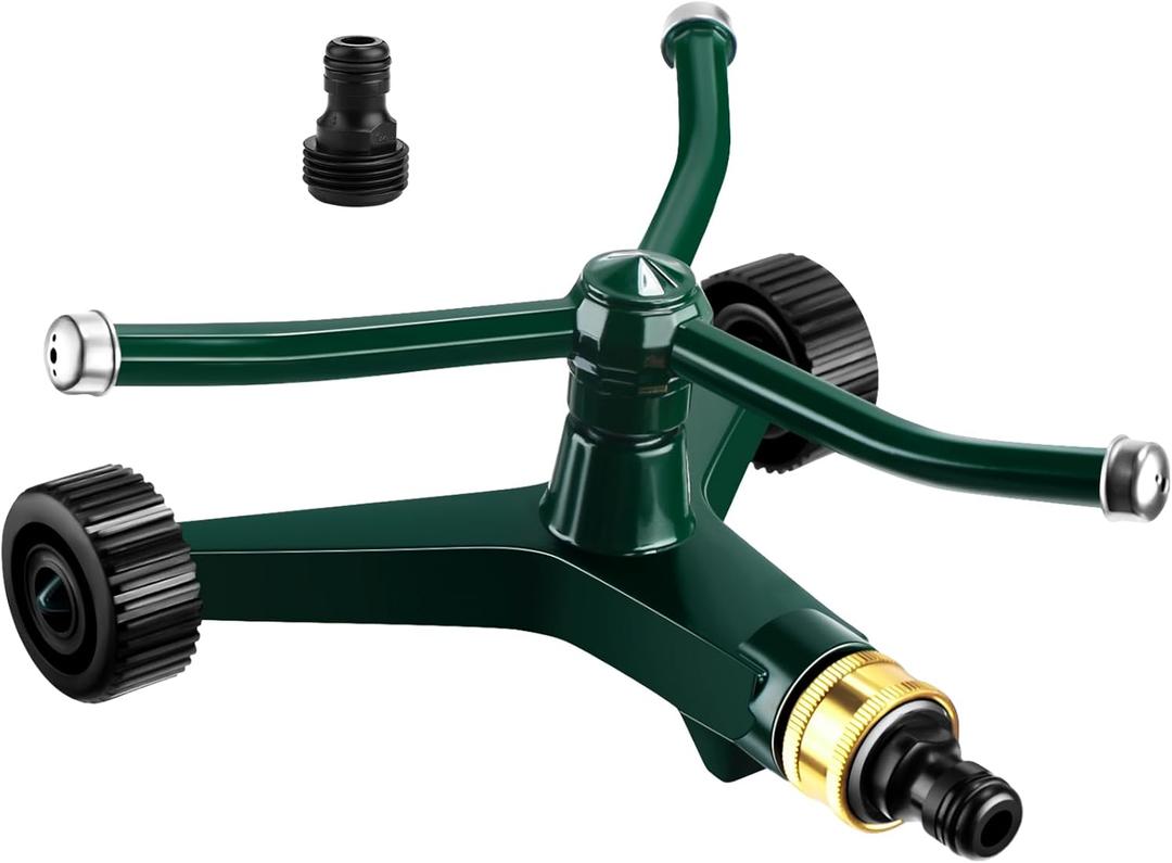 1 Pc Metal Rotary Lawn Sprinkler 3 Arm Heavy Duty 360 Degree Automatic Revolving Whirling Water Sprinkler with Wheeled Base for Lawn Yard Garden Backyard, Cover up to 538 sq ft