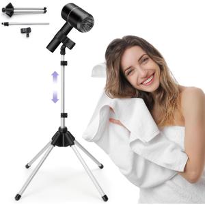 Adjustable Hair Dryer Stand, 29-59 Inch Hair Dryer Holder with Tripod and Universal Clip, 360-Degree Rotating Blow Dryer Stand for Bathroom, Vanity, Makeup Room