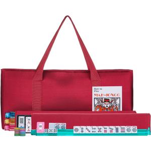 American Mahjong Set - Red Burgundy Soft Bag - 166 White Engraved Tiles, 4 All-in-One Rack/Pushers Western Mah Jongg Game Set, 6" x 21" x 10"