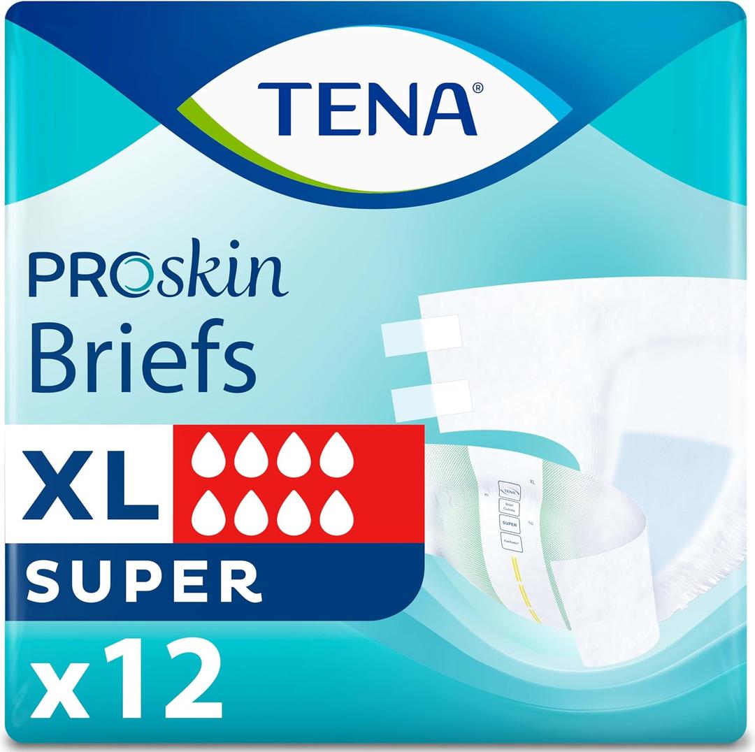 Tena Proskin Incontinence Super Briefs, Adult Diapers, Super Absorbency, Bladder Leaks Control, Extra Large, 12 ct