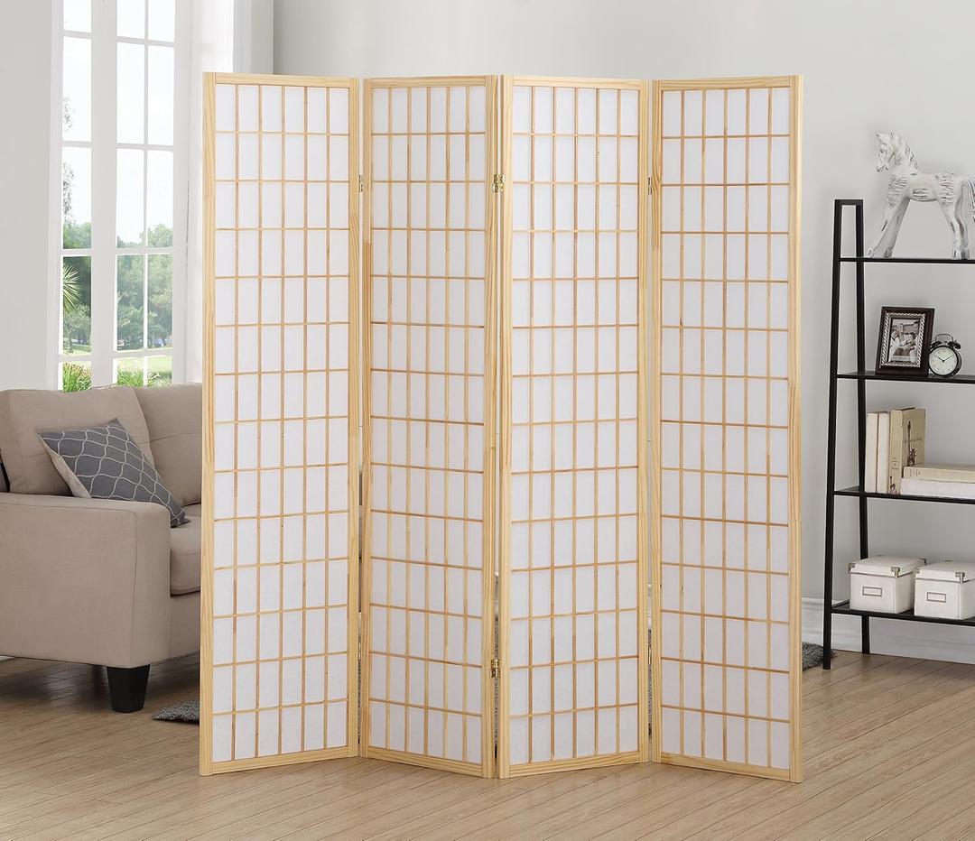 Roundhill Furniture Oriental Shoji 4 Panel Screen Room Divider, Natual, 68"W x 71"H