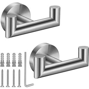 Towel Hooks for Bathrooms,Brushed Nickel Towel Hook for Kitchen Bathroom,SUS304 Stainless Steel Coat Hook,Heavy Duty Double Holder Robe Hooks for Hanging Towels,Coats,Sponges,Clothes,Wall Mount,2 Pack